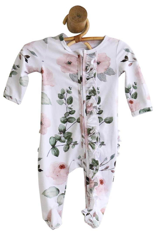 Millie's Dusty Rose Floral Ruffle Zipper Footie